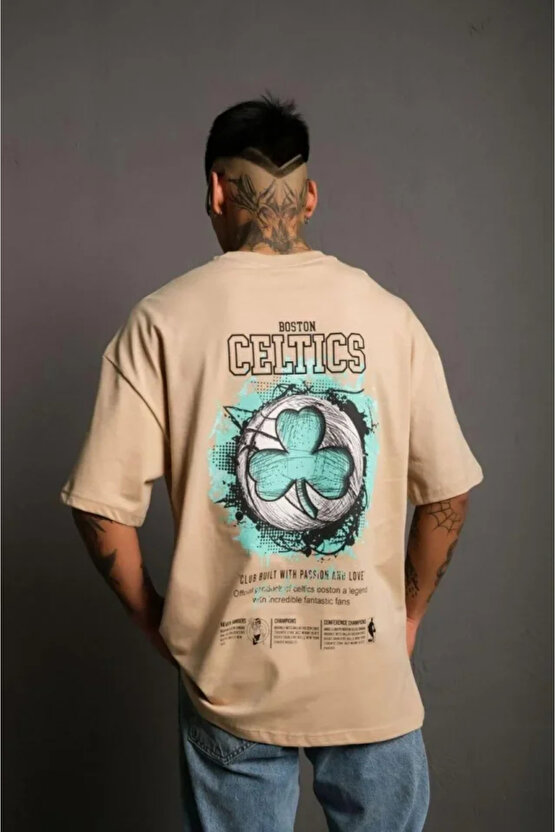 Erkek Sırt Baskılı T-shirt - Bej