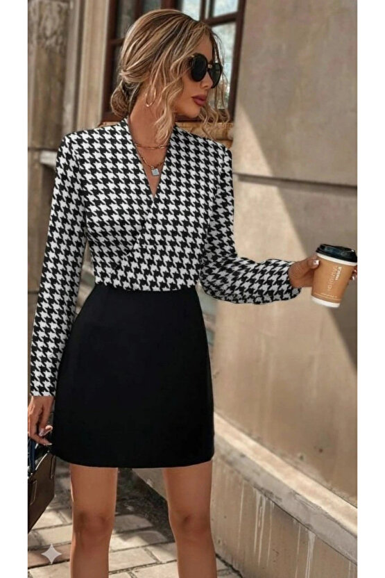 Kadın Uzun Kollu Kruvaze Yakalı üst Dalgıç Alt Ithal Krep Mini Elbise