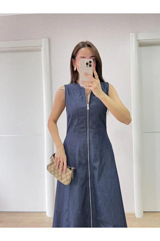 Jeans Kot Önü Tam Fermuarlı Uzun Elbise - Mavi