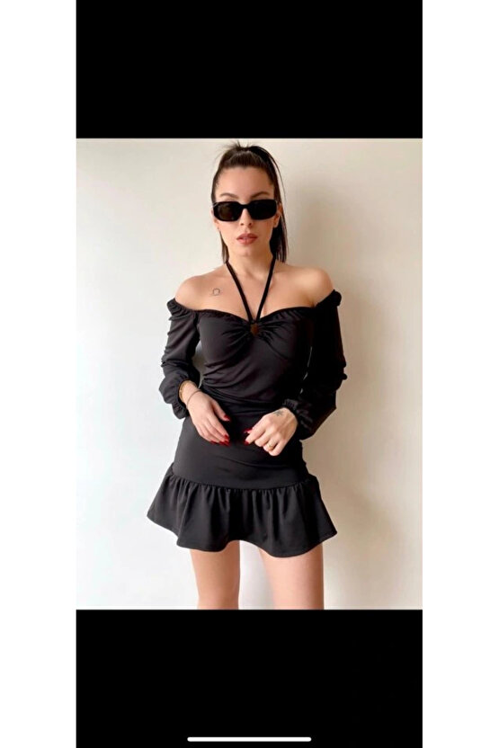 Kadın Uzun Kollu Halter Yaka Detay Mini Elbise