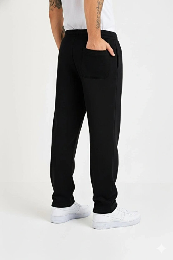 Erkek Üç Iplik Kışlık Pamuklu Ovarsize Bağcıklı Düz Paça Cepli Eşofman Altı Spor Rahat Model - Siyah