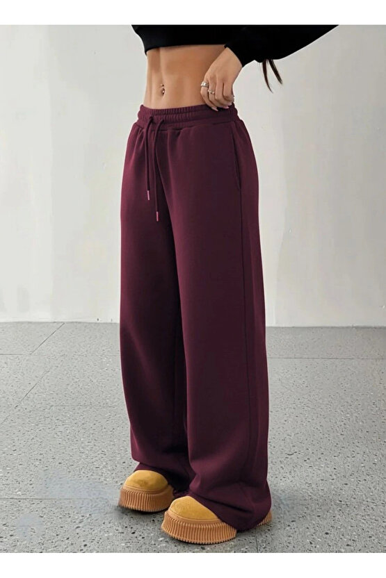 Kadın Yüksek Bel Lastikli Bağcıklı Geniş Kesim Dalgıç Mürdüm Pantolon