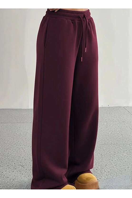 Kadın Yüksek Bel Lastikli Bağcıklı Geniş Kesim Dalgıç Mürdüm Pantolon