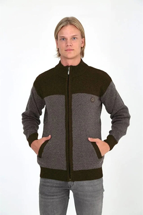 Erkek Fermuarlı Triko Hırka Yüksek Yaka, Cepli, Günlük Şık Rahat Kalıp Triko - Kahverengi