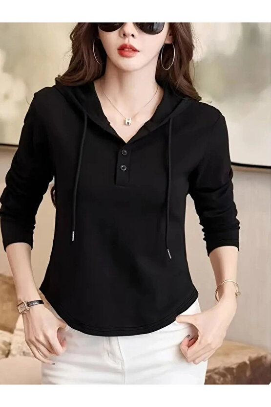 Kadın Uzun Kollu Kapşonlu Bağcıklı Düğmeli Viskon Iki Iplik Bluz