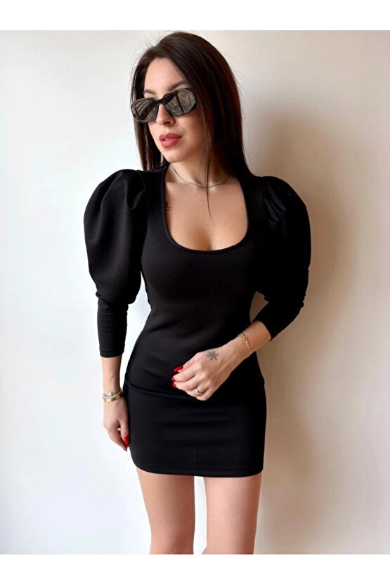 Kadın U Yaka Balon Omuz Ve Fakir Kol Detay Mini Elbise