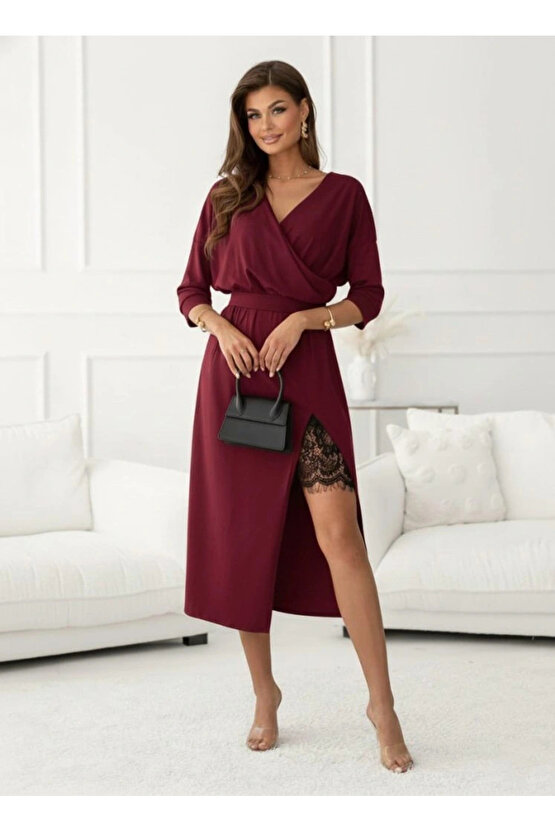 Kadın Uzun Kollu Kruvaze Yakalı Yandan Dantelli Midi Ithal Krep Elbise