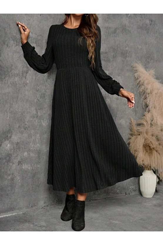 Kadın Uzun Kollu Yuvarlak Yakalı Kiloş Uzun şardonlu Kaşkorse Elbise