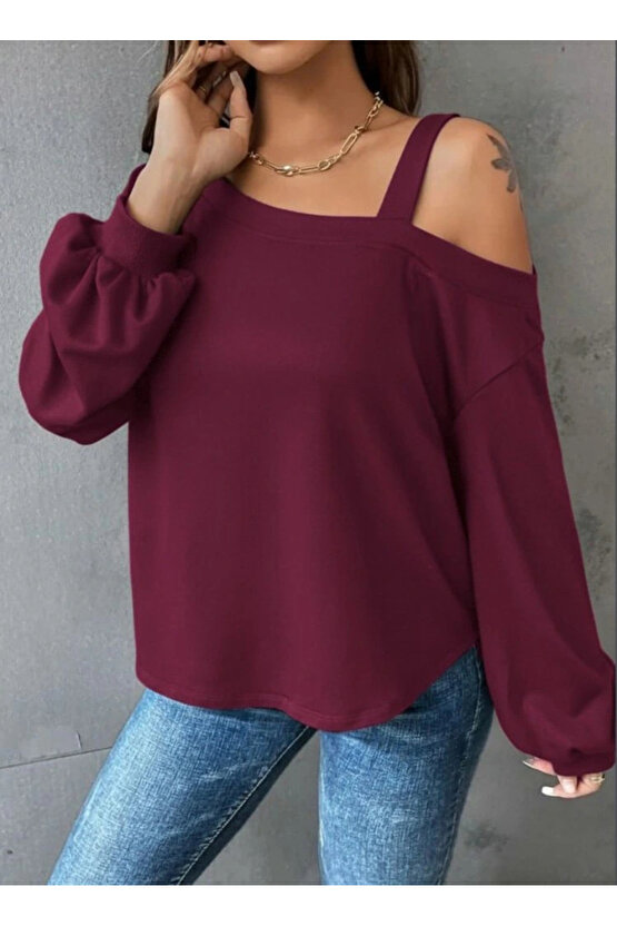 Kadın Uzun Kollu Tek Omuz Askı Detay Salaş Dalgıç Bluz