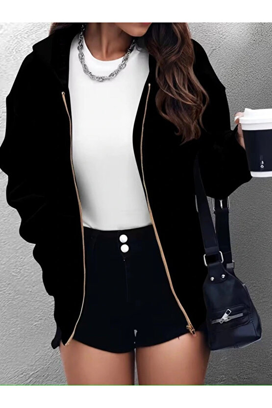 Kadın Uzun Kollu Kapşonlu Fermuarlı önden Cep Detaylı şardonlu Iki Iplik Ceket