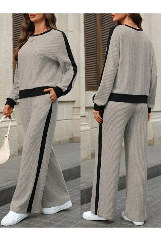 Kadın Uzun Kollu Bisiklet Yaka şardonlu Kaşkorse Bluz Ve Pantolon Ikili Takım