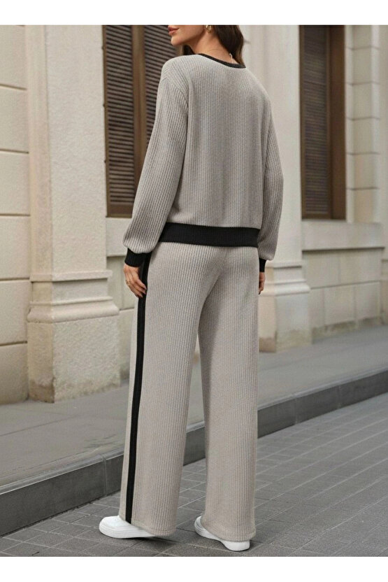 Kadın Uzun Kollu Bisiklet Yaka şardonlu Kaşkorse Bluz Ve Pantolon Ikili Takım