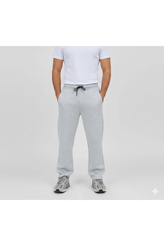 Erkek Üç Iplik Kışlık Pamuklu Ovarsize Bağcıklı Düz Paça Cepli Eşofman Altı Spor Rahat Model - Gri