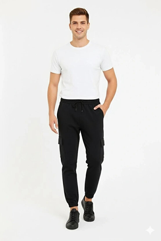 Erkek Siyah Jogger Eşofman Altı Rahat Kalıp, Kargo Cepli, Lastikli Paça, Günlük Spor Pantolon - Siya