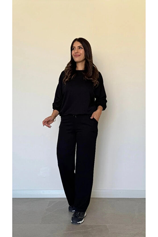 Kadın Uzun Kollu Bisiklet Yaka Viskon Iki Iplik Bluz Ve Pantolon Ikili Takım