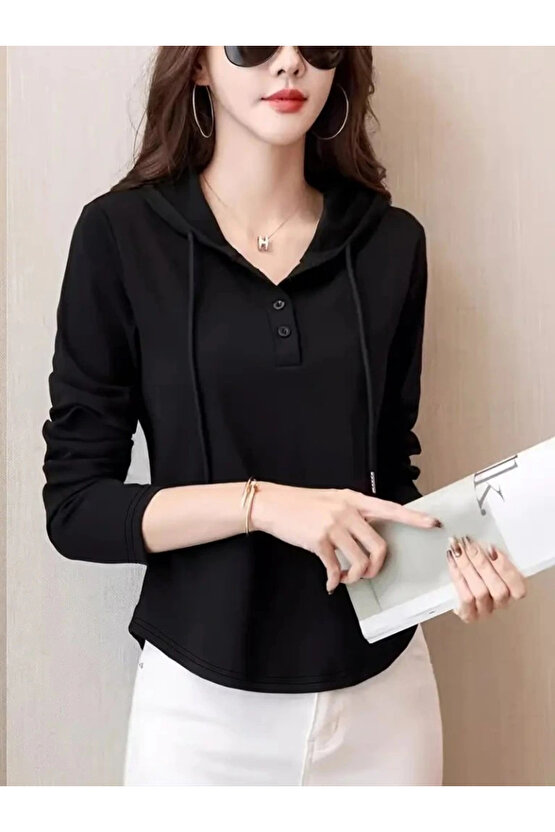 Kadın Uzun Kollu Kapşonlu Bağcıklı Düğmeli Viskon Iki Iplik Bluz