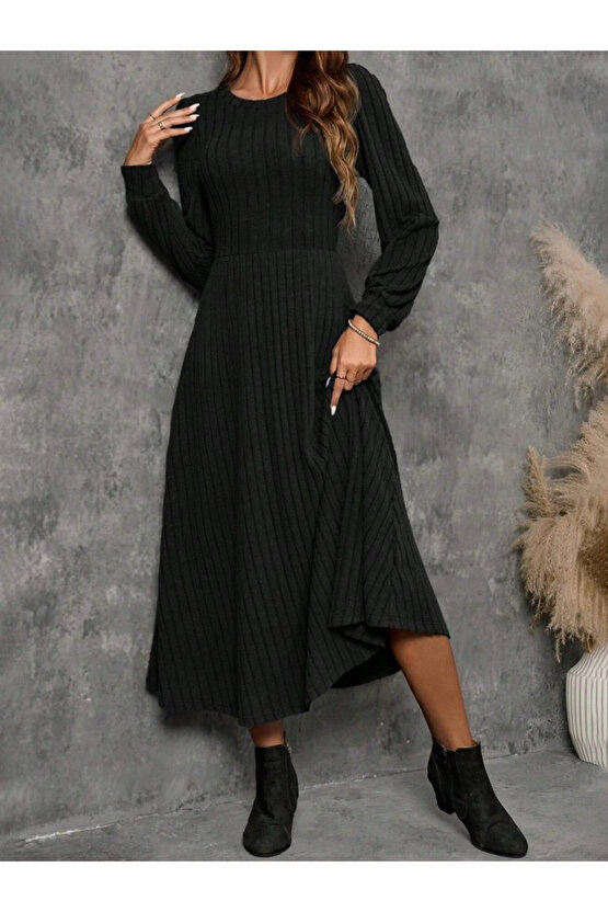 Kadın Uzun Kollu Yuvarlak Yakalı Kiloş Uzun şardonlu Kaşkorse Elbise