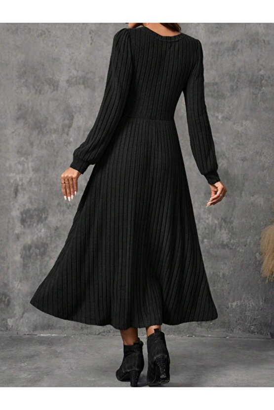 Kadın Uzun Kollu Yuvarlak Yakalı Kiloş Uzun şardonlu Kaşkorse Elbise