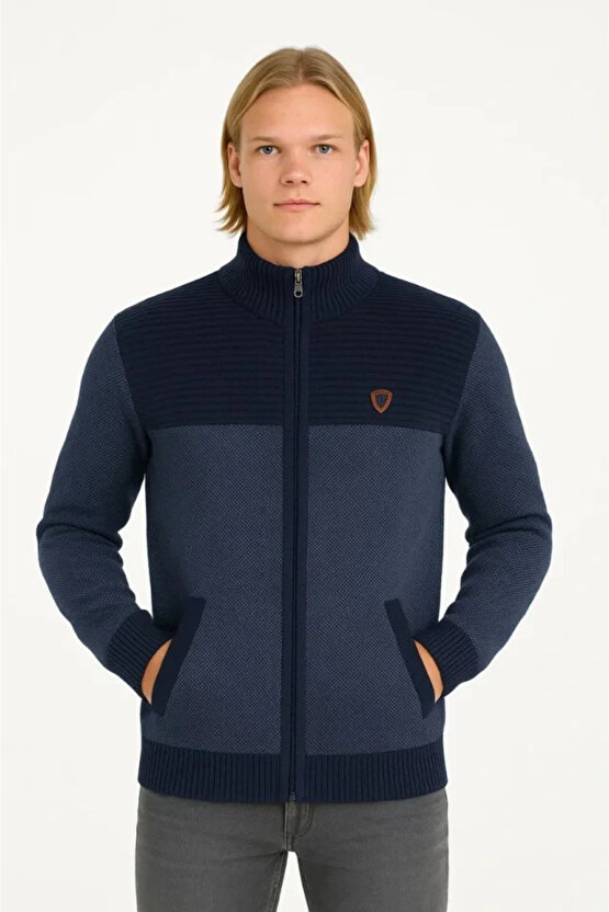 Erkek Fermuarlı Triko Hırka Yüksek Yaka, Cepli, Günlük Şık Rahat Kalıp Triko - Lacivert