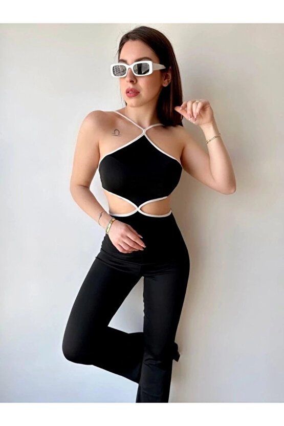 Kadın Halter Yaka Bel Dokolteli Tulum