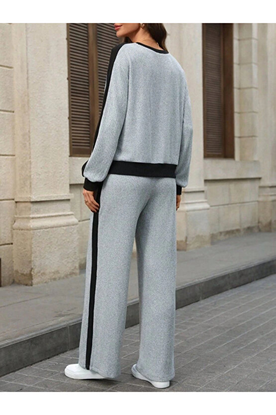 Kadın Uzun Kollu Bisiklet Yaka şardonlu Kaşkorse Bluz Ve Pantolon Ikili Takım