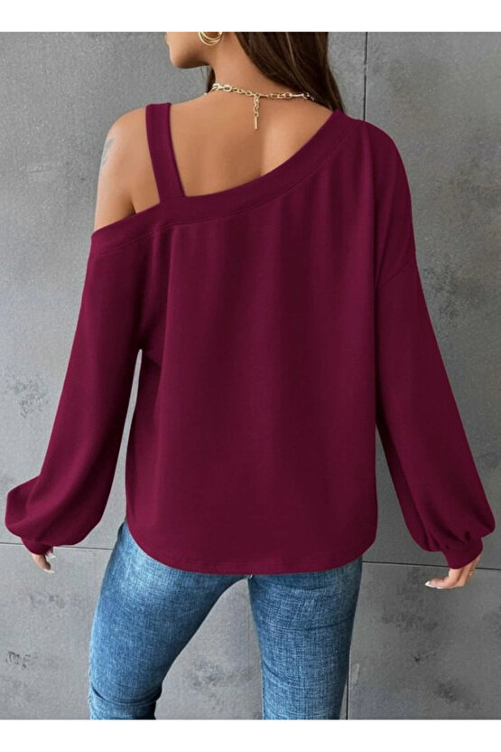 Kadın Uzun Kollu Tek Omuz Askı Detay Salaş Dalgıç Bluz