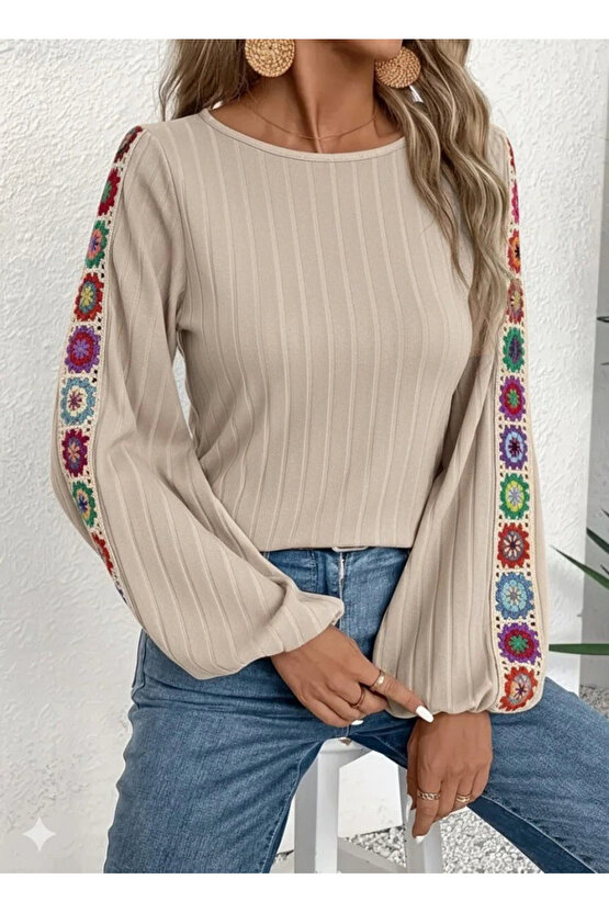 Kadın Uzun Kollu Kayık Yaka şardonlu Kaşkorse Bej Bluz