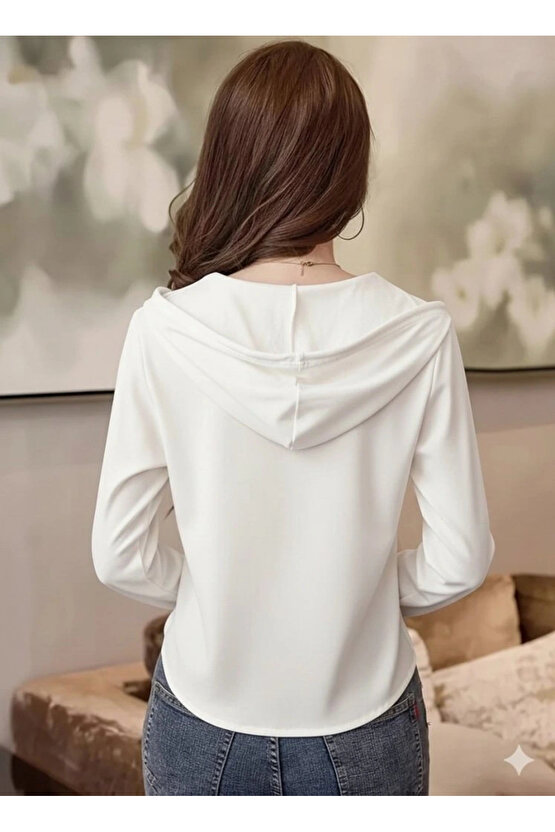 Kadın Uzun Kollu Kapşonlu Bağcıklı Düğmeli Viskon Iki Iplik Bluz