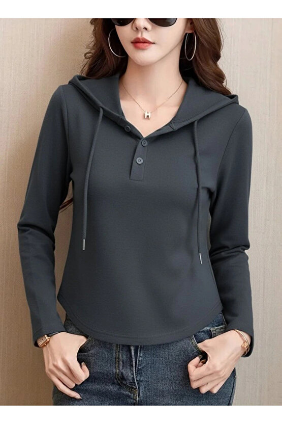 Kadın Uzun Kollu Kapşonlu Bağcıklı Düğmeli Viskon Iki Iplik Füme Bluz