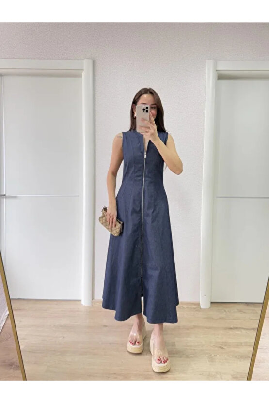 Jeans Kot Önü Tam Fermuarlı Uzun Elbise - Mavi