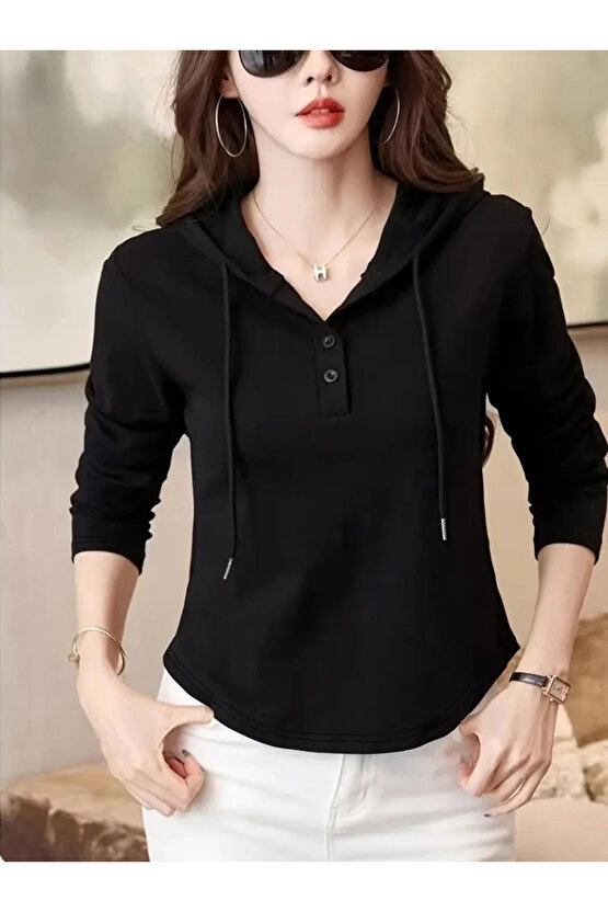 Kadın Uzun Kollu Kapşonlu Bağcıklı Düğmeli Viskon Iki Iplik Bluz