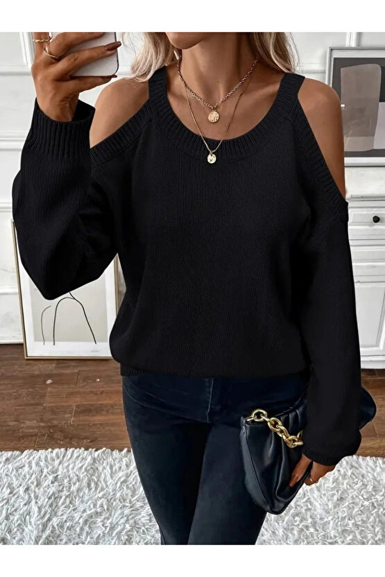 Kadın Uzun Kollu Omuzlardan Açık Askılı Triko Bluz