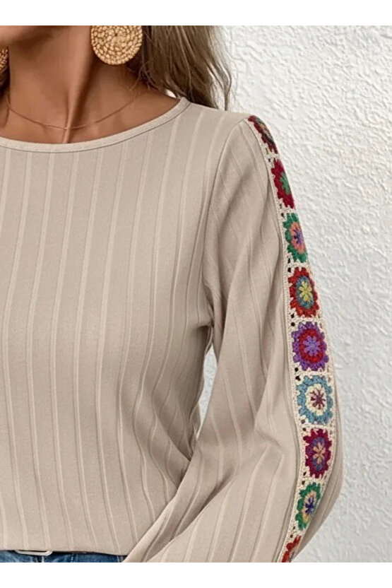 Kadın Uzun Kollu Kayık Yaka şardonlu Kaşkorse Bej Bluz