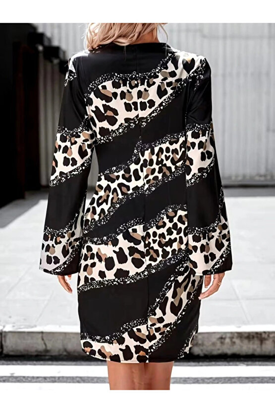 Kadın Uzun Kollu Kruvaze Yakalı Asimetrik Detaylı Mini Modal Elbise