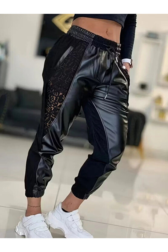 Kadın Yüksek Bel Lastikli Yanda Dantel Detaylı Bağcıklı Deri Pantolon