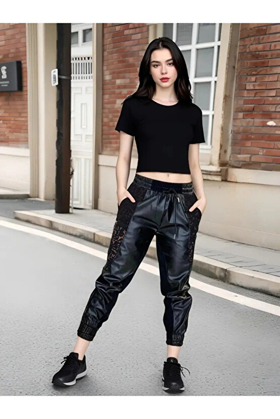Kadın Yüksek Bel Lastikli Yanda Dantel Detaylı Bağcıklı Deri Pantolon