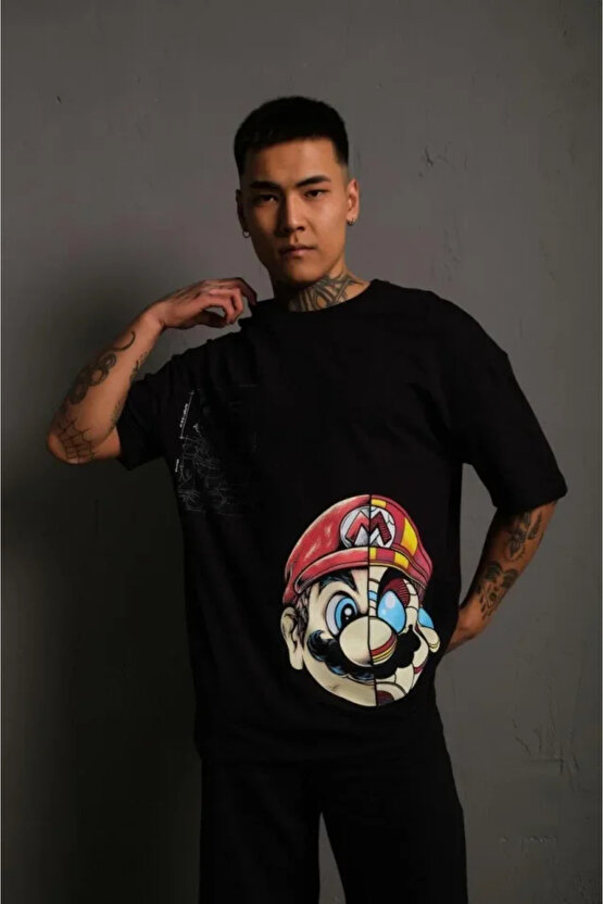 Erkek Mario Baskılı Oversize T-Shirt - Siyah