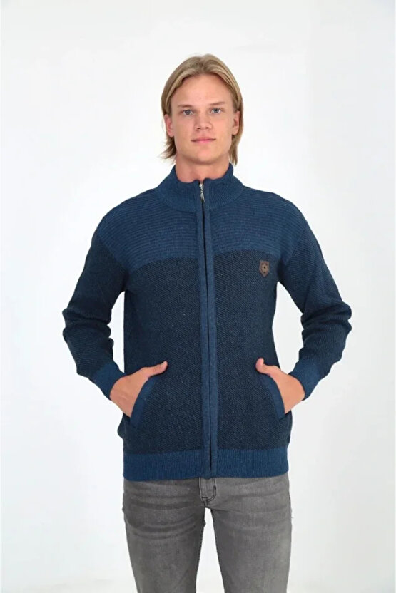 Erkek Fermuarlı Triko Hırka Yüksek Yaka, Cepli, Günlük Şık Rahat Kalıp Triko - Mavi