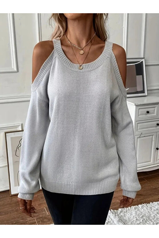 Kadın Uzun Kollu Omuzlardan Açık Askılı Triko Bluz