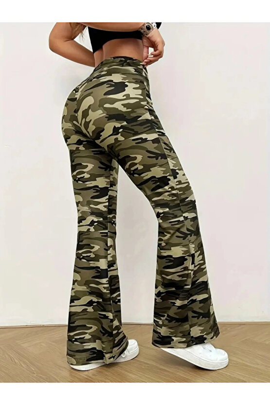 Kadın Yüksek Bel Kamuflaj Desenli Dalgıç Tayt