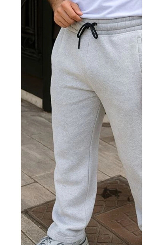 Erkek Üç Iplik Kışlık Pamuklu Ovarsize Bağcıklı Düz Paça Cepli Eşofman Altı Spor Rahat Model - Gri