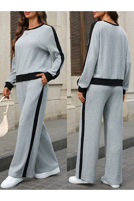 Kadın Uzun Kollu Bisiklet Yaka şardonlu Kaşkorse Bluz Ve Pantolon Ikili Takım