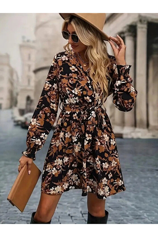 Kadın Uzun Kollu Kruvaze Yakalı Belden Kuşaklı çiçek Desenli Mikro Süprem Mini Elbise