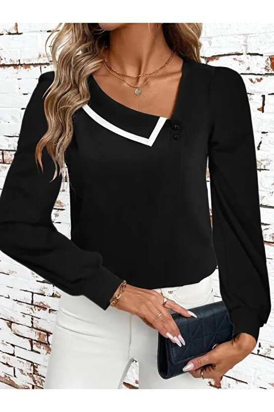 Kadın Uzun Kollu Yaka Detaylı Düğmeli Ithal Krep Bluz