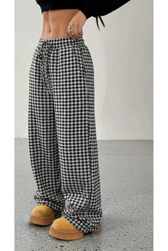 Kadın Yüksek Bel Lastikli Bağcıklı Geniş Kesim Kazayağı Dalgıç Pantolon