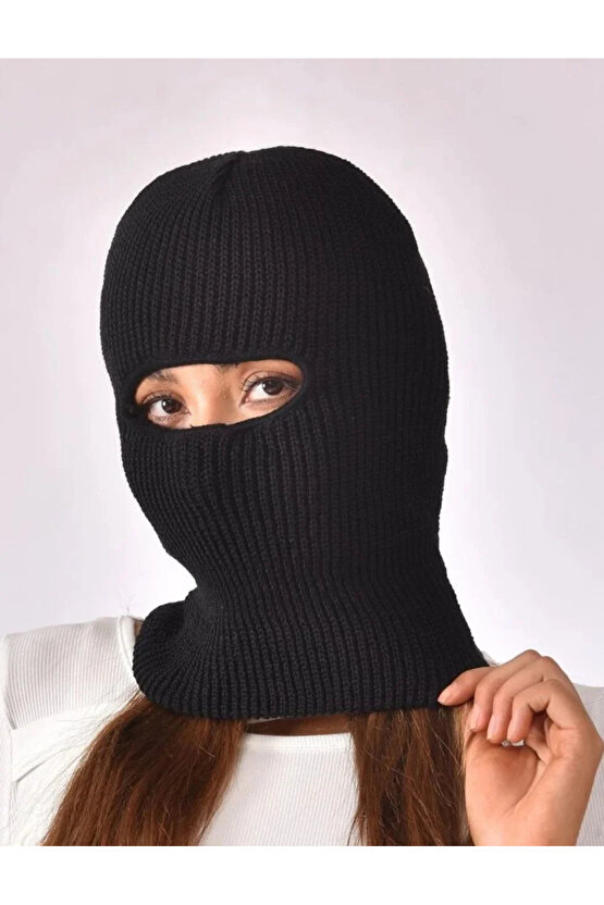 Kışlık Kar Maske Dokuma Triko Bere - Siyah