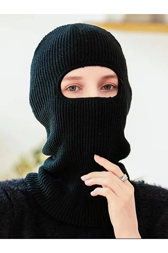 Kışlık Kar Maske Dokuma Triko Bere - Siyah