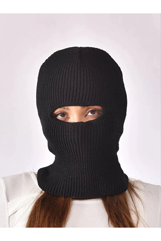 Kışlık Kar Maske Dokuma Triko Bere - Siyah