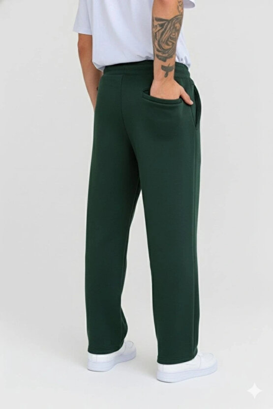 Erkek Üç Iplik Kışlık Pamuklu Ovarsize Bağcıklı Düz Paça Cepli Eşofman Altı Spor Rahat Model - Haki