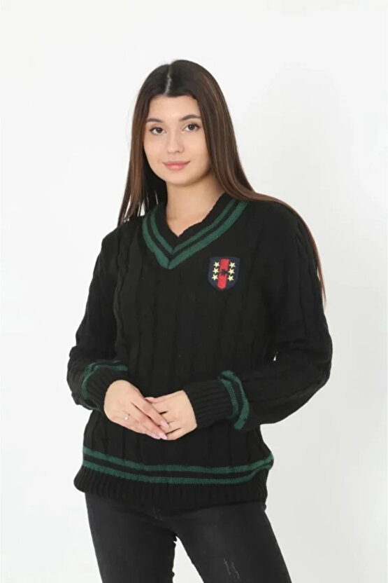 V Yaka Örgülü Kazak - Siyah